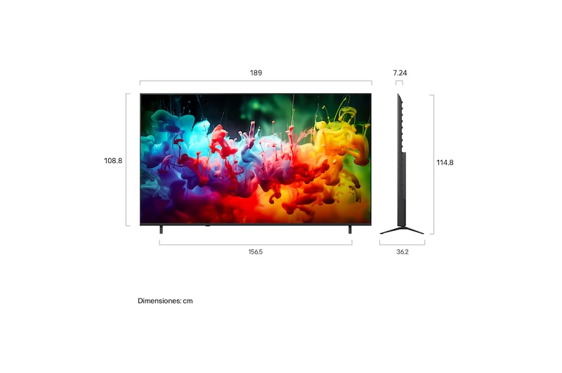 LG QNED AI QNED74 Mini LED shown in front and side views highlights an 85-inch display with a 1890 mm-wide screen, 1088 mm screen height, 1148 mm height with stand, a 72.4 mm profile depth, and a stand footprint measuring 1565 by 362 mm.
